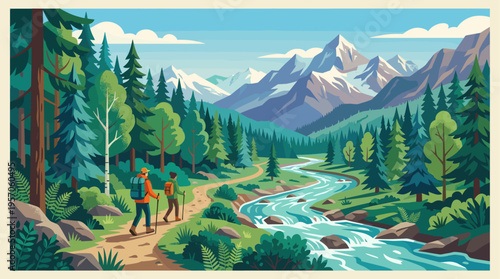 Two hikers trek along a winding path beside a vibrant blue river, surrounded by lush green trees and majestic snow-capped mountains under a clear sky.