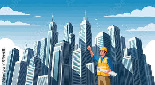 Architect Pointing at Modern Skyscraper Development in Urban Cityscape