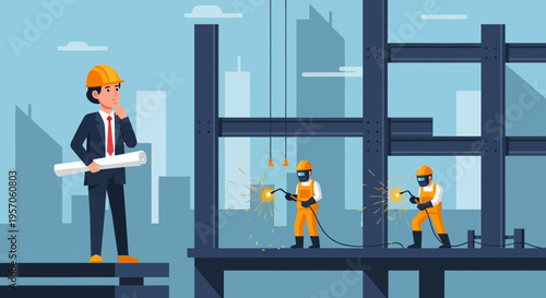 Architect Supervising Welders on Steel Construction Site