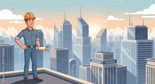 Architect Standing on Skyscraper Rooftop Overlooking Modern City Skyline