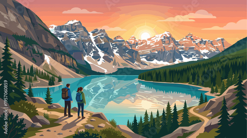 Two hikers stand on a trail overlooking a vibrant blue lake and majestic snow-capped mountains during a breathtaking sunset.