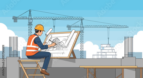 Architect Working on Construction Blueprint at Building Site