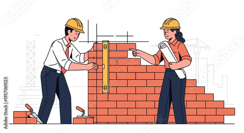 Architects Collaborating on Brick Wall Construction Project