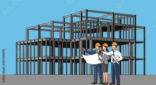 Architects and Engineer Reviewing Construction Blueprint at Building Site