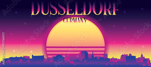 Purple generic retro futuristic synthwave panoramic poster of the city skyline with misty background sunset buildings of DUSSELDORF, GERMANY