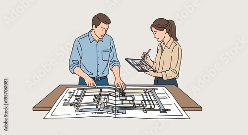 Architects Collaborating on Construction Blueprint and Digital Tablet