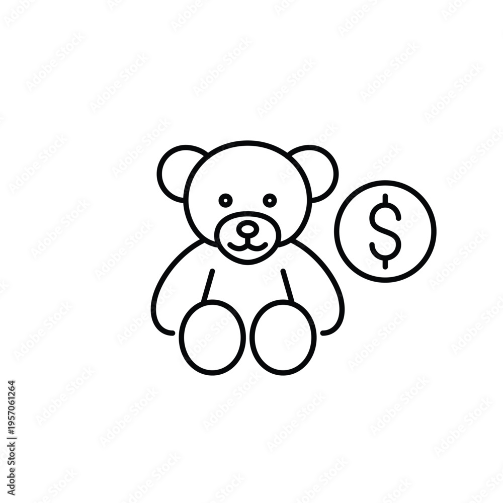 Obraz premium Stuffed toy bear and dollar. Childcare cost, baby expenses, family budget and shopping. Pixel perfect, editable stroke vector icon