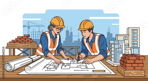 Architects Collaborating on Construction Blueprint Design