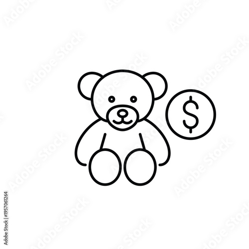 Stuffed toy bear and dollar. Childcare cost, baby expenses, family budget and shopping. Pixel perfect, editable stroke vector icon