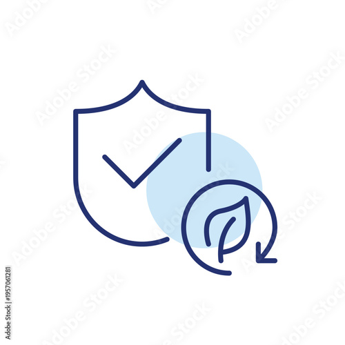 Shield, checkmark, leaf and renew arrow. Eco protection and insurance, green alert. Pixel perfect, editable stroke vector icon
