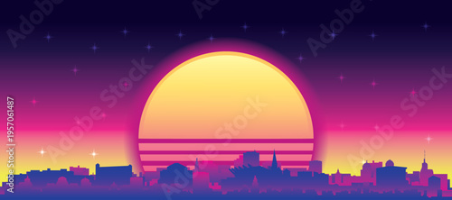 Purple generic retro futuristic synthwave panoramic poster of the city skyline with misty background sunset buildings of BREMEN, GERMANY
