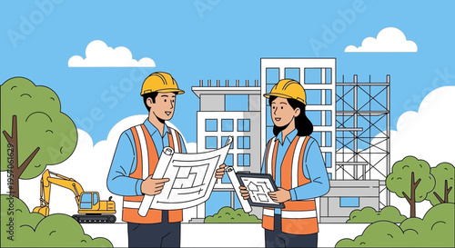 Architects Reviewing Construction Blueprints at Building Site