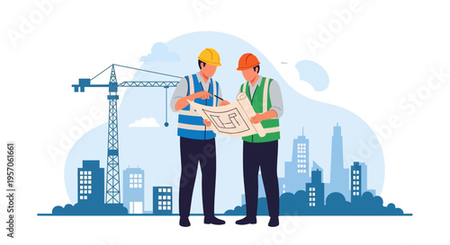 Architects Reviewing Construction Blueprints at Urban Site