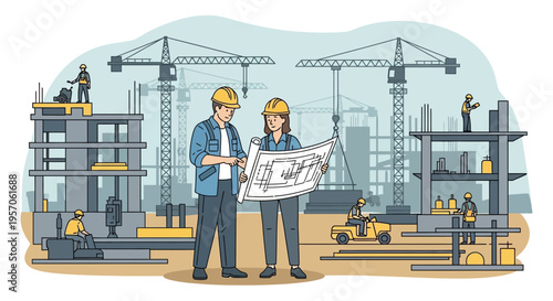 Architects Reviewing Blueprints at Construction Site