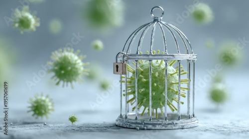 Virus cell trapped in a metal cage, concept of medical containment, disease prevention, and virus control.
