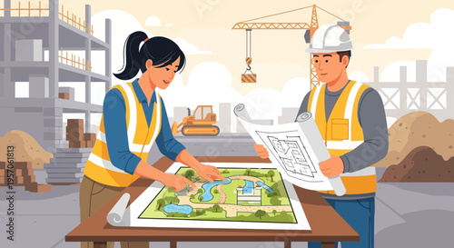 Architects Reviewing Landscape Site Plan at Construction Zone