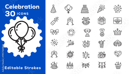 Celebration icons for parties and special occasions with editable strokes