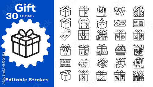 Collection of 30 gift icons with editable strokes and various themes