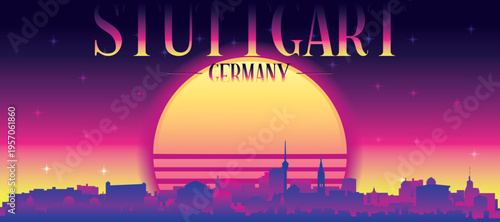 Purple generic retro futuristic synthwave panoramic poster of the city skyline with misty background sunset buildings of STUTTGART, GERMANY