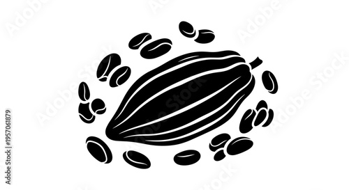 Stylized black and white illustration of a cocoa pod surrounded by coffee beans