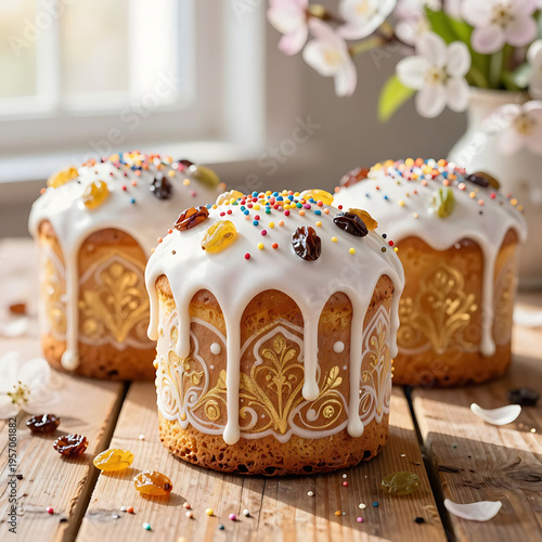 Easter celebration with traditional paska bread and festive dessert decoration on wooden table