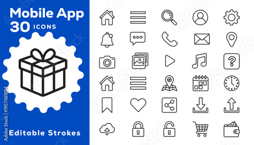 Mobile App Editable Strokes Thirty Icons Set for Designers and Developers