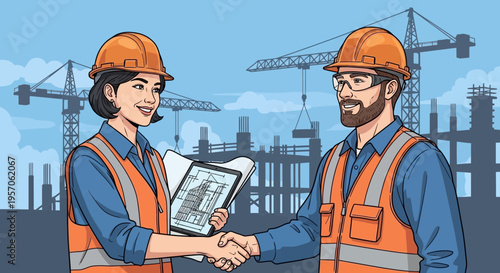 Architects Shaking Hands on Construction Site with Blueprints