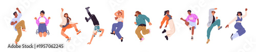 Set of jumping for joy people. Happy men and women leap, hands up. Positive characters celebrate winning, rejoice at success, hop for victory. Flat isolated vector illustrations on white background
