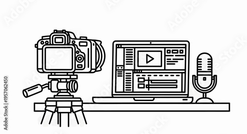 Line art illustration of video recording equipment.