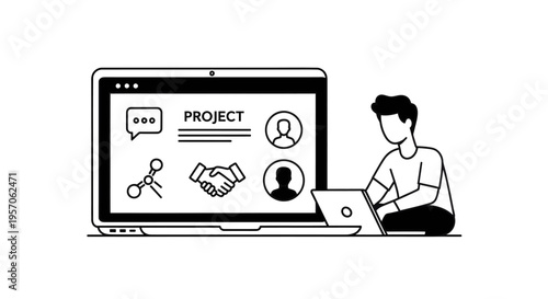 a man working on a laptop next to a large computer screen with project icons.