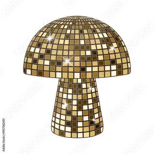 Golden disco ball mushroom with reflective mirrored tiles and sparkling highlights. Stylized illustration combining a mushroom shape with a disco ball texture, symbolizing party, nightlife, and retro 