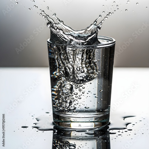 Fresh Water Splash in a Glass with Bubbles and Droplets on Reflective Surface