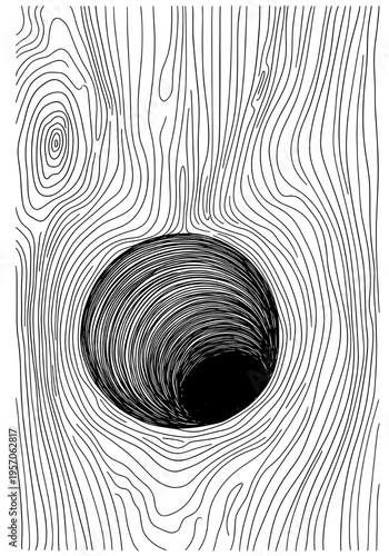 Abstract line art illustration of wood grain texture with knot