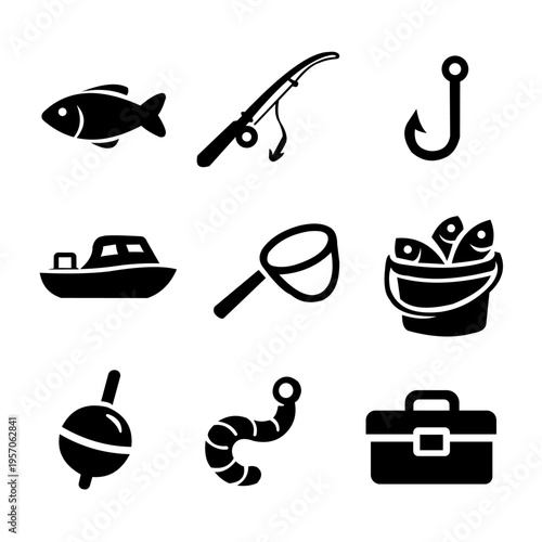 Simple black fishing club icon set minimal