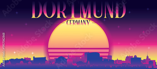 Purple generic retro futuristic synthwave panoramic poster of the city skyline with misty background sunset buildings of DORTMUND, GERMANY
