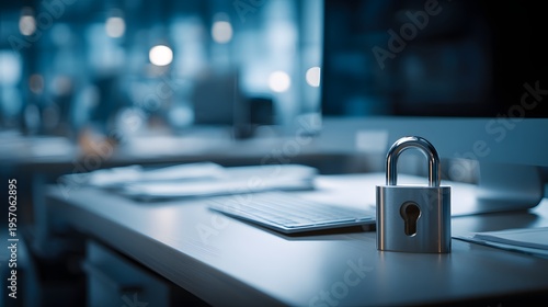 Metal padlock rests on sleek desk