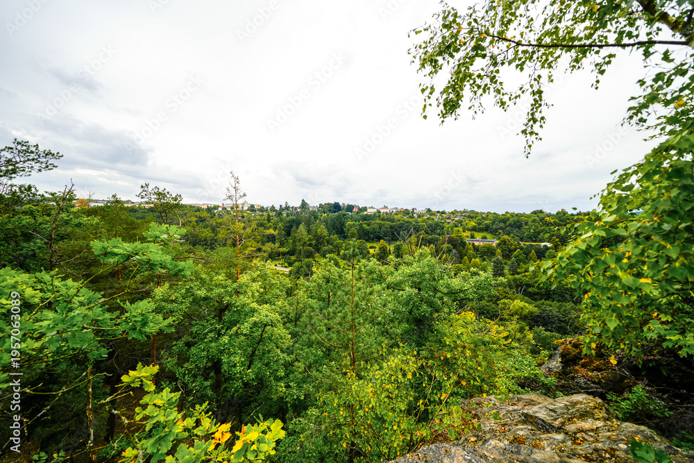 Fototapeta premium View from the Powder Tower near Greiz overlooking the surrounding landscape. The city's old observation tower. 