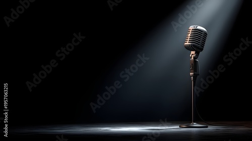 Vintage microphone gleams under spotlight on dark stage