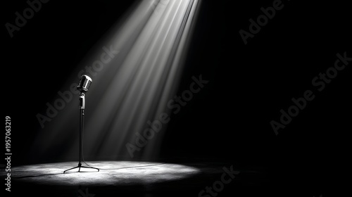 Single microphone stands under spotlight on dark stage