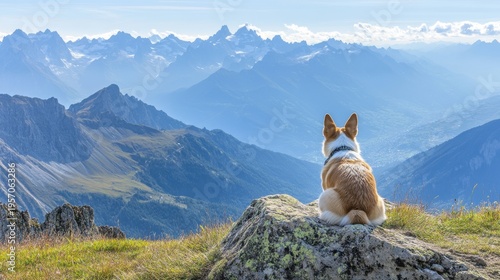 Corgi dog sitting on a rock surveying a scenic mountain landscape