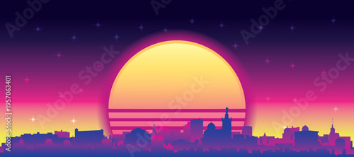 Purple generic retro futuristic synthwave panoramic poster of the city skyline with misty background sunset buildings of MARSEILLE, FRANCE