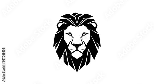 Black and white illustration of a lion's head with a majestic mane on a plain background.
