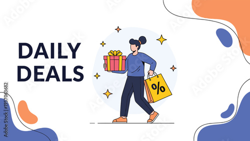 Daily deals marketing banner featuring a woman carrying a gift box and a shopping bag with a percentage sign on it.