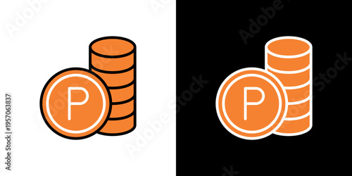 Orange coin stack icon featuring a central letter p symbol representing rewards or point systems