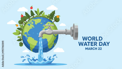 World water day environmental concept featuring a faucet pouring water into a splash below a green and blue earth globe.