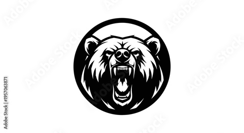 Black and white illustration of a growling bear head in a circular frame on a white