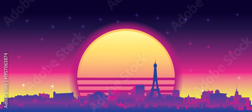 Purple generic retro futuristic synthwave panoramic poster of the city skyline with misty background sunset buildings of PARIS, FRANCE