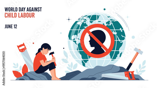 World day against child labour banner with a sad child sitting on rocks and a prohibited child icon over a world globe.