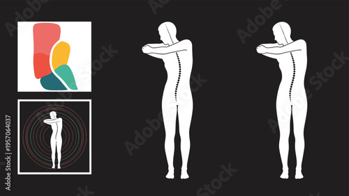 Medical illustration of human spine health showing scoliosis and corrective posture on a dark background for awareness.