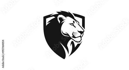 Black and white lion head logo on a shield with a minimalist design.